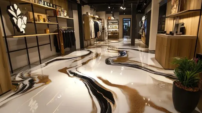 Black, white and gold flow through a boutique floor