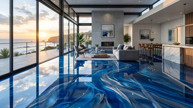 Deep blue metallic floor in a coastal living space