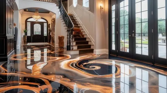 Copper swirls on a black foyer floor