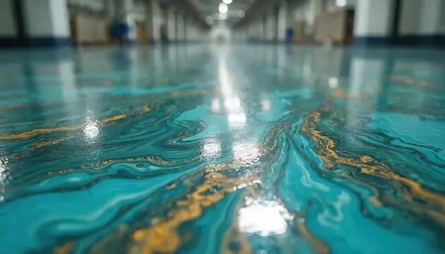 Teal and gold metallic floor along a long corridor