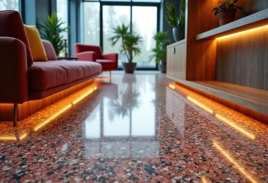 High-gloss speckled floor with warm accent lighting