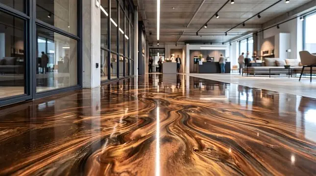 Amber metallic swirls through an open-plan office