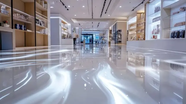 Pearl-white floor in a retail interior