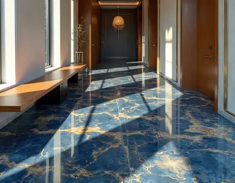 Blue marble-effect hallway with gold veining